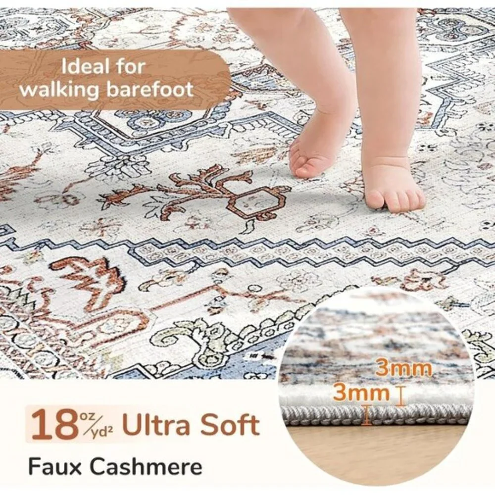 5x7 Soft Neutral Washable Rug Faux Cashmere Non-Slip Low-Pile Carpet, Light Grey